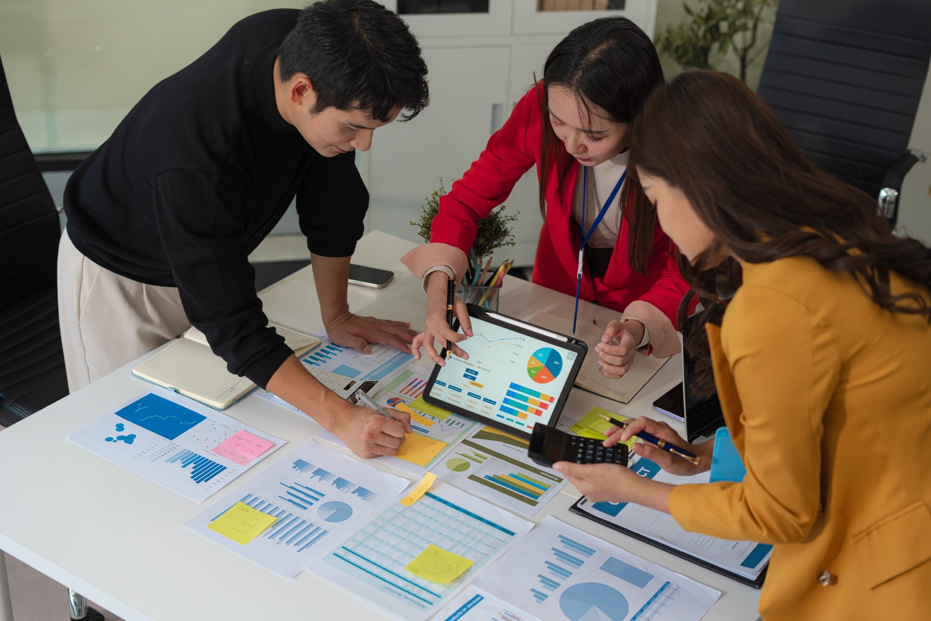 Project manager working and update tasks with milestones progress planning and professional investor working new start up project in the office.